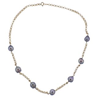 18k Gold Pearl Station Necklace