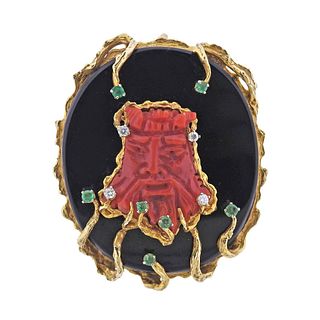 1970s Gold Coral Diamond Onyx Pendant Brooch