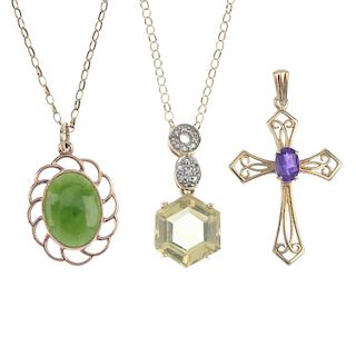A selection of eight gem-set pendants. To include a 14ct gold garnet and citrine cluster pendant, a