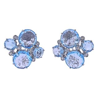 18k Gold Blue Topaz Diamond Cluster Earrings