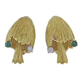 1970s 18k Gold Diamond Emerald Mushroom Earrings
