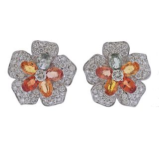18k Gold Diamond Sapphire Flower Earrings