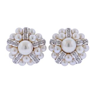 18k Gold Diamond Pearl Cluster Earrings