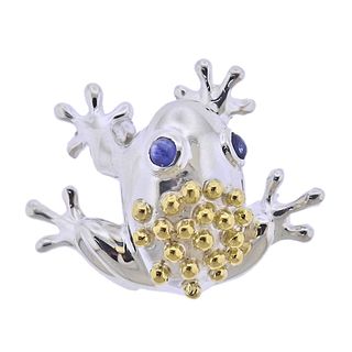 Tiffany & Co Silver 18k Gold  Sapphire Frog Brooch Pin
