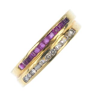 A ruby and diamond half-circle eternity ring. Comprising two off-set bands, each inset with brillian