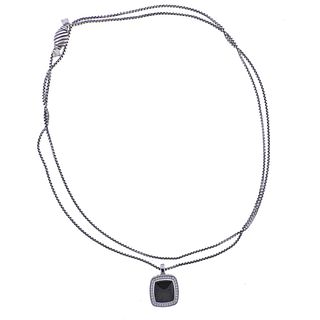 David Yurman Albion Sterling Silver Onyx Diamond Quartz Watch Necklace