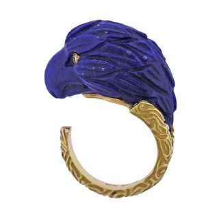 18k Gold Carved Lapis Diamond Bird Eagle Ring