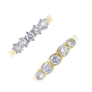 Two 18ct gold diamond five-stone rings. Each designed as a brilliant-cut diamond line, one with groo