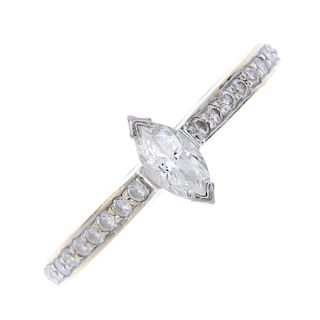 An 18ct gold diamond single-stone ring. The marquise-shape diamond, to the brilliant-cut diamond lin