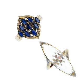 Two gem-set rings and a bangle. To include a 9ct gold sapphire and diamond dress ring, a 9ct gold ci