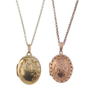 A selection of three lockets. To include two oval shape lockets with foliate motif, each suspended f