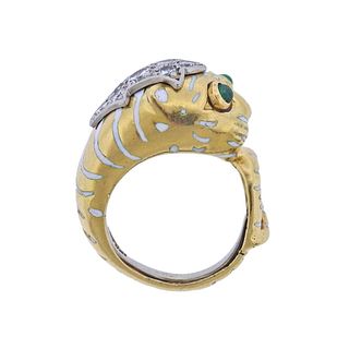 David Webb Diamond Emerald 18K Gold Panther Ring