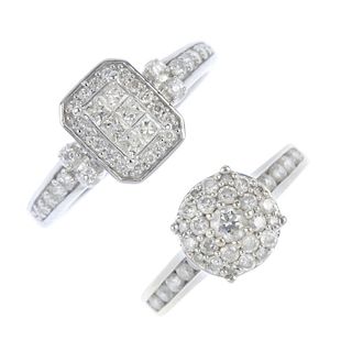 Two gold diamond dress rings. To include an 18ct gold brilliant-cut diamond cluster ring, together w