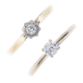Two gold diamond single-stone rings. Each designed as a brilliant-cut diamond, one within an illusio