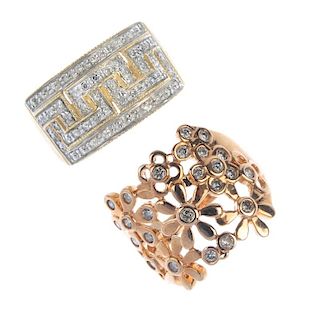A selection of three 9ct gold dress rings. To include a diamond floral ring, a diamond Greek-key mot