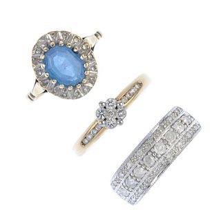 A selection of three gem-set and diamond rings. To include a 9ct gold diamond dress ring, a blue top