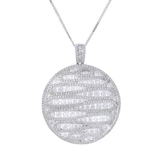 A diamond pendant. Of circular outline, comprising a brilliant-cut diamond scrolling line and surrou