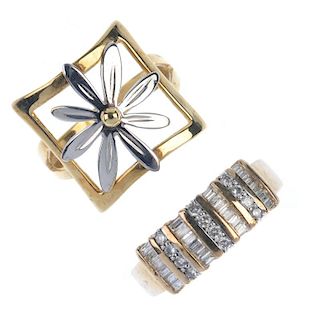 A selection of three 9ct gold dress rings. To include a brilliant-cut diamond and rectangular-shape