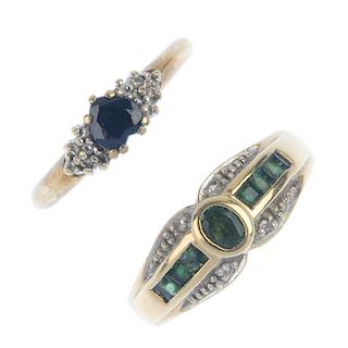 A selection of four 9ct gold diamond and gem-set rings. To include an amethyst and diamond ring, a s