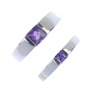 Two rings and a single earring. Each ring designed as a square-shape amethyst cabochon, inset to the