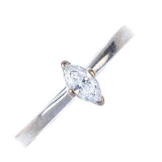 An 18ct gold diamond single-stone ring. The marquise-shape diamond, to the tapered band. Diamond wei