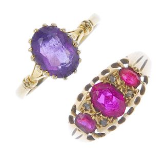 Two gold gem-set rings. To include an early 20th century 18ct gold synthetic ruby and rose-cut diamo