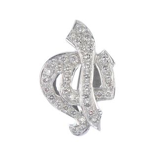 A diamond pendant. Designed as brilliant-cut diamond script. Estimated total diamond weight 0.60ct.