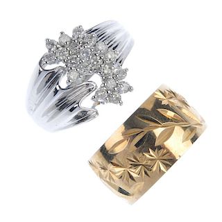 Two items of 9ct gold diamond jewellery and a 9ct gold band ring. To include a brilliant-cut diamond