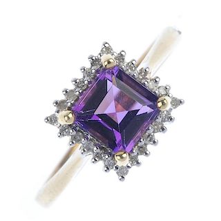 A 9ct gold amethyst and diamond cluster ring. The square-shape amethyst, within a single-cut diamond