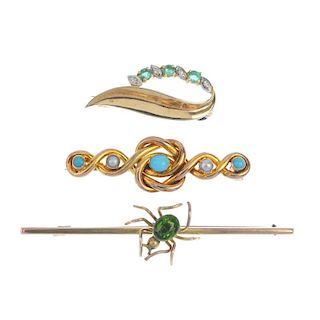 A selection of three gem-set brooches. To include a turquoise and seed pearl stylist knot brooch, a