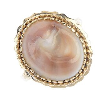 An operculum shell dress ring. Designed as an operculum shell, within a rope-twist and scalloped sur