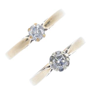 Two 9ct gold diamond single-stone rings. Each designed as a brilliant-cut diamond, to the tapered sh
