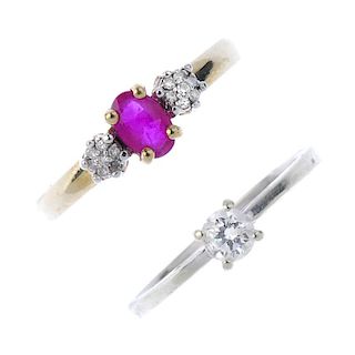 Two diamond and gem-set rings. To include a brilliant-cut diamond single-stone ring, together with a