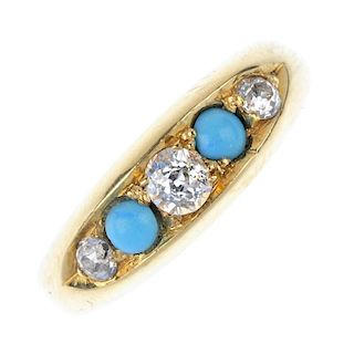 An early 20th century 18ct gold turquoise and diamond five-stone ring. The alternating graduated old