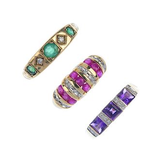 A selection of three diamond and gem-set dress rings. To include a 9ct gold ruby and diamond dress r
