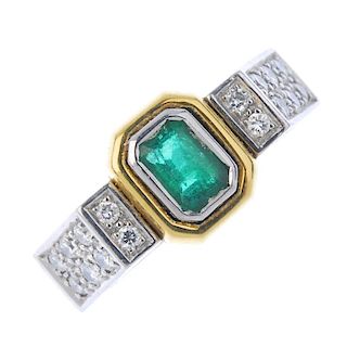 An emerald and diamond ring. The rectangular-shape emerald, to the brilliant-cut diamond sides, and