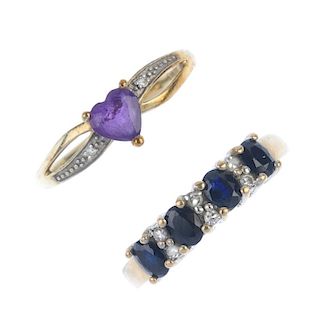 A selection of four 9ct gold diamond and gem-set dress rings. To include an amethyst and diamond rin