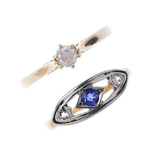 Two gold diamond and gem-set rings. To include an early 20th century 18ct gold sapphire and diamond