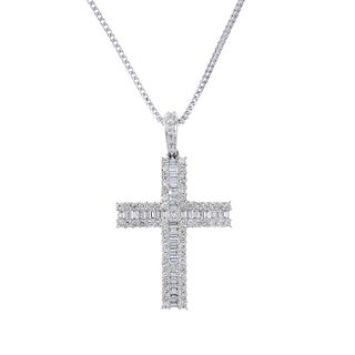 A diamond cross pendant. The brilliant and baguette-cut diamond lines, with square-shape diamond cen
