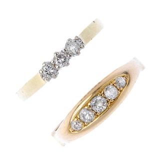 A selection of three diamond rings. To include an 18ct gold diamond three-stone ring, a graduated ol