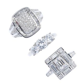A selection of three platinum and 14ct gold diamond and cubic zirconia rings. To include a 14ct gold