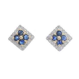 A pair of 9ct gold sapphire and diamond ear studs. Each designed as a circular-shape sapphire quatre