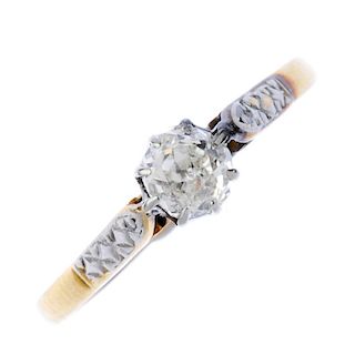 A mid 20th century 18ct gold diamond single-stone ring. The old-cut diamond, to the tapered band. Es