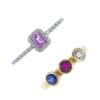 Two diamond and gem-set rings. To include a rectangular-shape pink sapphire and brilliant-cut diamon