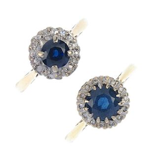 Two mid 20th century 18ct gold sapphire and diamond cluster rings. Each designed as a circular-shape