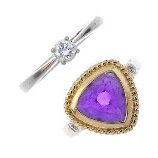 A 9ct gold diamond single-stone ring, together with an amethyst single-stone ring. The first set wit