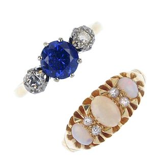 Two early 20th century 18ct gold diamond and gem-set rings. To include an Edwardian opal three-stone