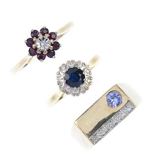 A selection of three diamond and gem-set dress rings. To include a 9ct gold ruby and diamond cluster