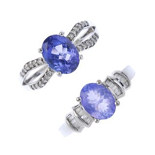 Two 9ct gold tanzanite and diamond rings. To include an oval-shape tanzanite ring with single-cut di