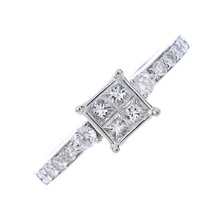 A platinum diamond cluster ring. The square-shape diamond cluster, to the brilliant-cut diamond line